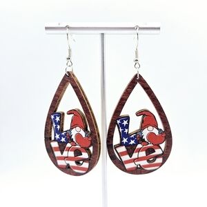 Patriotic USA America Flag LOVE Gnome Painted Wood French Hook Earrings New